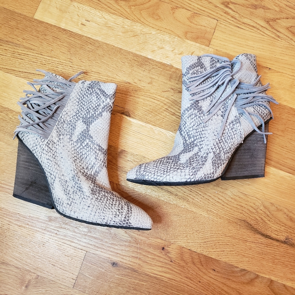 Isola leather snakeskin fringe booties